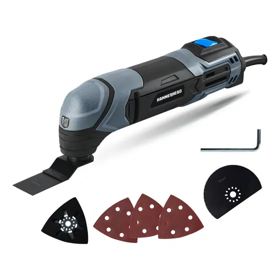 Hammerhead Hamt022 - Multiherramienta Oscilante De 2,2 Amperios Con 1 Hoja De Corte Empotrado, 1 Hoja De Sierra Semicírculo, 1 Almohadilla De Lijado, 3 Piezas De Papel De Lija