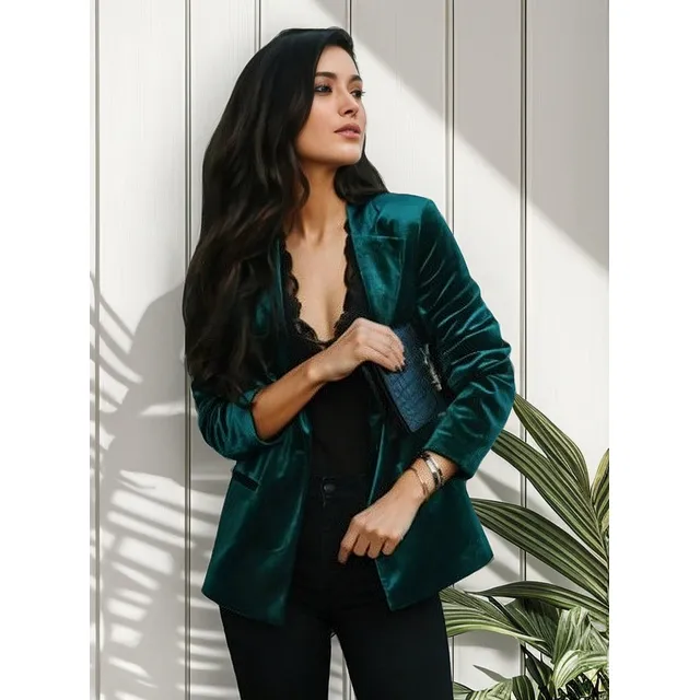 Mujer Cuello V Dorado Terciopelo Pequeño Traje Chaquetas