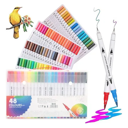 Kit 48 Cores Caneta Brush Duas Pontas Pincel Fina Canetinha Colorido