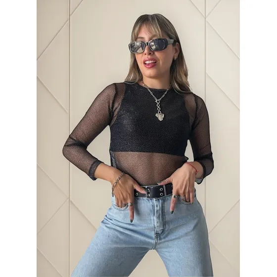 Crop O Top De Red  Super Corto Sexy Mangas Largas Tendencia