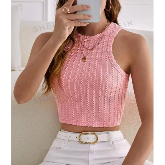 Top Crop Unicolor Tejido Cuerina Encaje Nuevo Shein