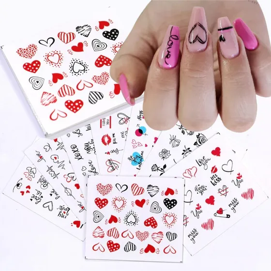 12 Hojas - Stickers Tatuajes Al Agua Uñas - Corazones B