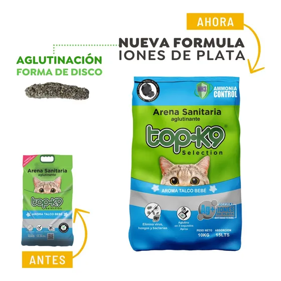 Arena Anti bacteria C/Carbón Activo Aglutinante Topk9 10kg Aroma Talco De Bebé