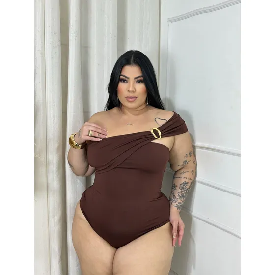 Body Feminino Plus Size Fivela Orgânica Dourada Poliamida