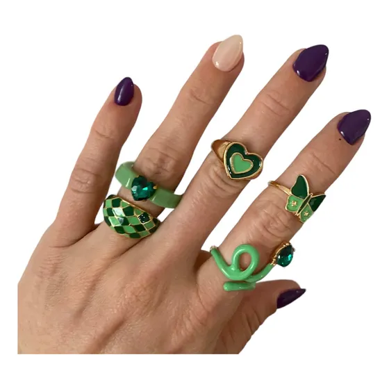 Set 5 Anillos Mariposa Corazon Strass Serpiente Verde Anillo