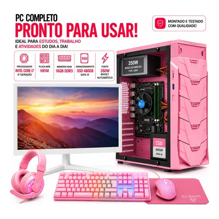 Pc Desktop Completo Rosa Intel I7 16gb Ssd 480gb Monitor 19 480 Gb 16 Gb Integrado