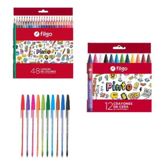 Kit Set Escolar 48 Colores 12 Crayones 10 Boligrafos Stick 