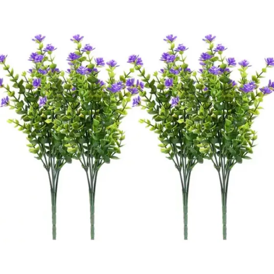 4 Plantas Artificiales, Arbustos Verdes, Flores Moradas