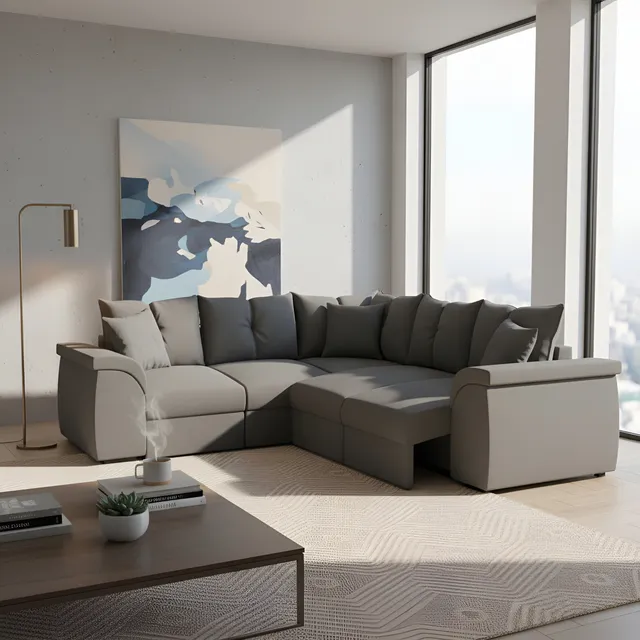 Sofá De Canto 5 Lugares Com Retrátil Qatar Suede Cinza Selmer Estofados