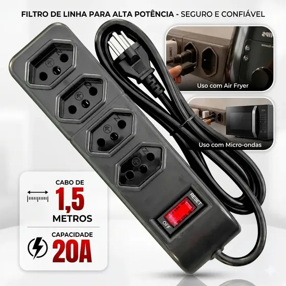 Régua Extensão Filtro De Linha Profissional Protetor Elétrico 4 Tomadas 20a Cabo 1,5 Metros Bivolt Micro-ondas Air Fry Cafeteria