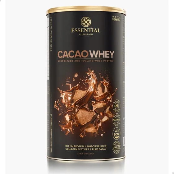 Cacao Whey Hidrolisado e Isolado Sabor Chocolate da Essential Nutrition 840g Com 30 Doses