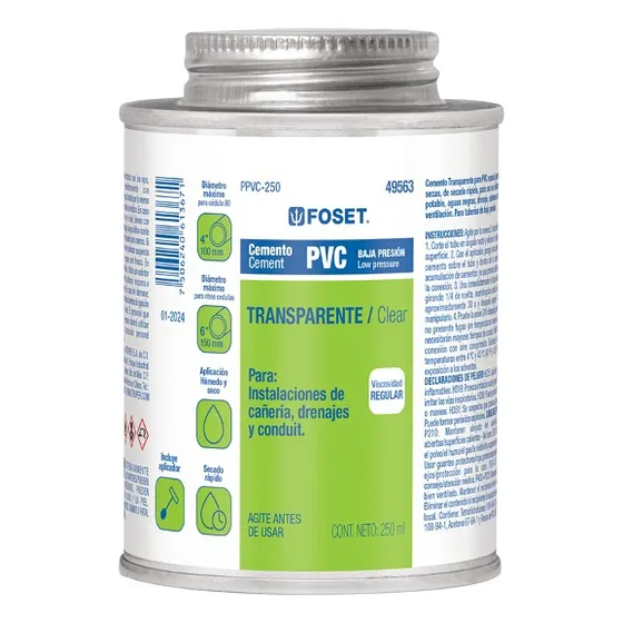 Cemento P/pvc, Transparente, Baja Presión, Lata 250ml, Foset