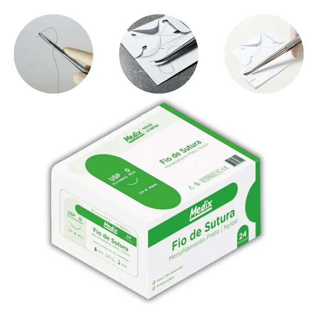 Fio Sutura Agulhado Nylon Preto Diversos Tamanhos C/24 Unid