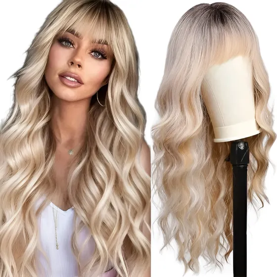 Peluca Sintética Natural Larga Mona Rubia Con Flequillo