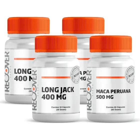 Potes de Cápsulas 2x Maca Peruana 500mg e 2x Long Jack 400mg Sabor Natural Recover Farma