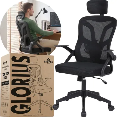 Cadeira Ergonômica Escritório Mesh Giratória Reclinável Ajuste Altura Apoio Lombar Confortável Preto Home Office Profissional Glorius Marqs Home