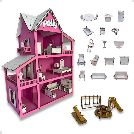 Kit casa/casinha Polly boneca 19 moveis com parquinho postagem 24h cor rosa Grupo Paraiso