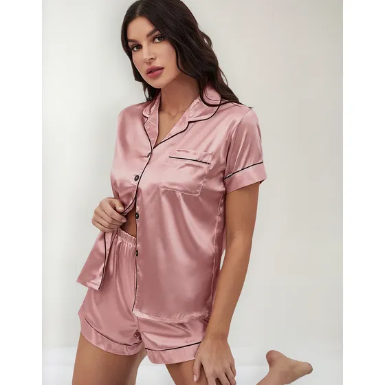 Pijama Americano Feminino Shortdoll Cetim Seda Elastano Rosa