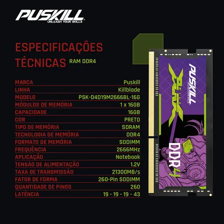 Memoria RAM Puskill Killblade Ddr4 para portátil, 16 GB, 266 MHz, Cl19, Sodimm