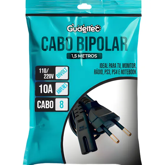 Cabo De Força 10a Bipolar Oitinho 127/220V Para Impressoras, Fonte Notebook, Ps2, Ps3, Ps4, Ps5 - Gudeltec