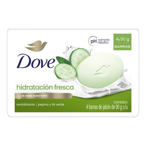 Dove jabón en barra hidratación fresca pepino y té verde para una piel suave y fresca con 1/4 de crema humectante 4 x 90g