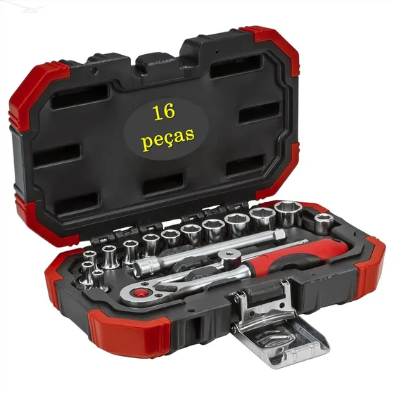 Kit Soquete 1/4 Sextavado 16pç Maleta Catraca Adaptador Bits