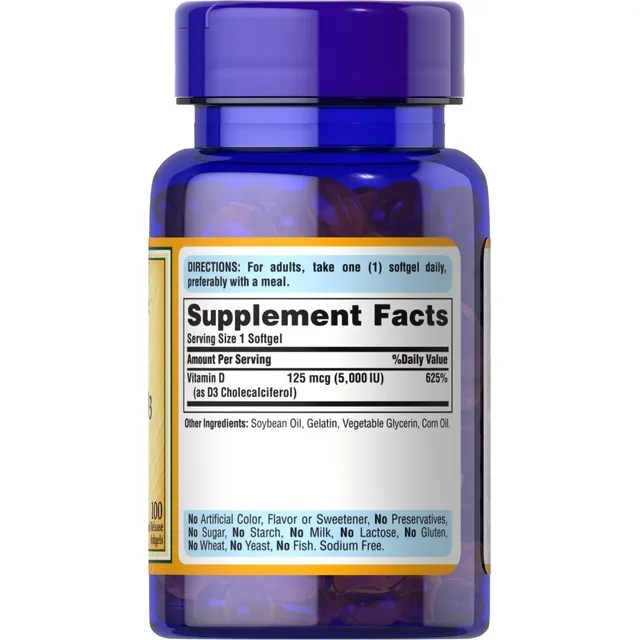 Vitamina D3 125 Mcg 5000 Ui Puritans Pride 200 Softgels Usa 