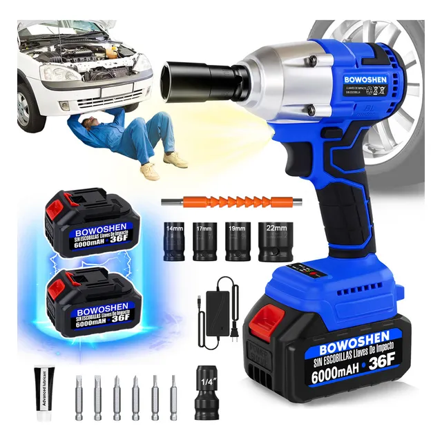Pistola Llave De Impacto Con Motor Sin Escobillas BOWOSHEN Taladro Eléctrico Atornillador Inalámbrico Con 2 Baterías de Litio de 6000mah, Cargador Rápido, 4 Dados Y 6 Tornillos Para Trabajos Pesados