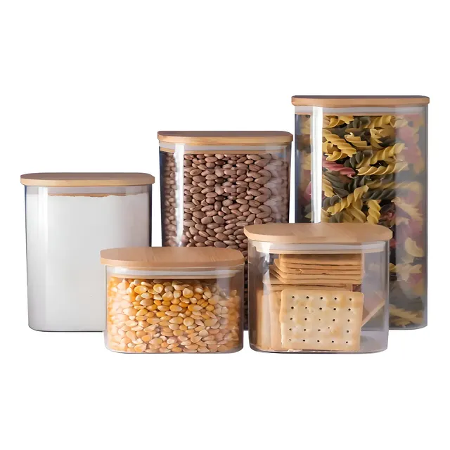 Kit 05 Potes Herméticos De Vidro Com Tampa De Bambu E Silicone Recipiente Armazenamento De Alimentos Jogo Porta... Transparente