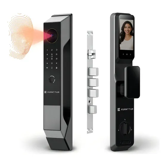 Fechadura Digital Eletrônica Kuanttum Omega Reconhecimento Facial WiFi Biometria App Tuya Madeira 4 Travas