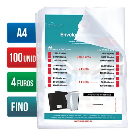 Saco Plástico A4 4 Furos 100un DAC Modelo 5070A4-100 para Arquivamento