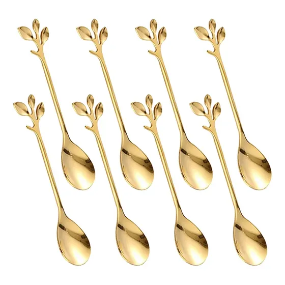 Juego 6 Cucharita Acero Inox Elegantes Hoja Mango Cucharita Hoja Dorada