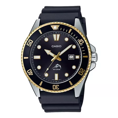 Reloj pulsera Casio Classic MDV-106 de cuerpo color plateado, analógico, para hombre, fondo negro, con correa de resina color negro, agujas color dorado y blanco, dial blanco y dorado, minutero/segund