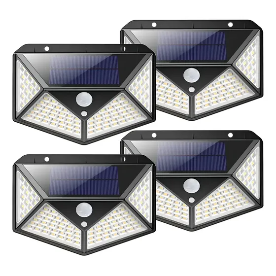 Pack X 4 Lampara Solar 100 Led Exterior Sensor De Movimiento Estructura Negro | Cuotas sin interés