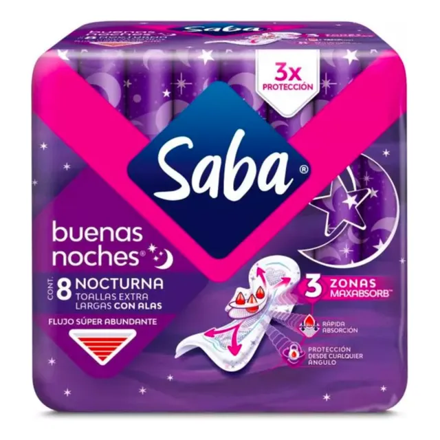 Toalla Femenina Saba Buenas Noches Extra Larga Caja 16 Pack