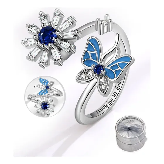 Anillo Flor Girasol Antiestres Ajustable Circonio Plata 925