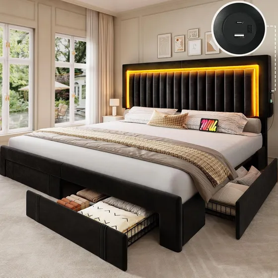 Base Para Cama King Size Cajones Luces Led Puertos Usb