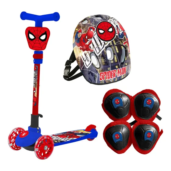 Monopatin Plegable Spiderman + Kit Proteccion 3 Ruedas Luces