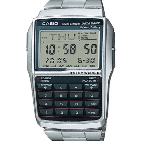 Relógio de pulso Casio Data Bank DBC-32 com corpo prateado, digital, para masculino, fundo azul, com correia de aço inoxidável cor prateado, subdials de cor preto, ponteiro de minutos/segundos preto