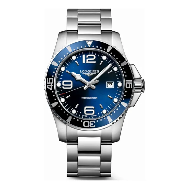 Reloj Longines Hydroconquest 44mm L38404966 Agente Malla Plateado Bisel Azul Fondo Azul