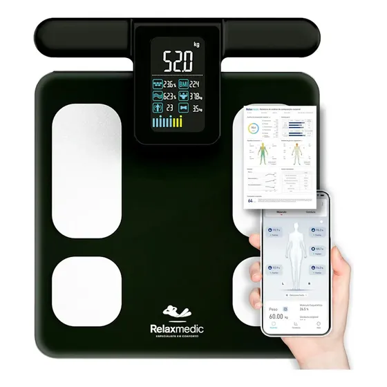 Balança Bioimpedância Corporal Digital 8 Sensores Profissional Bodyscan - Relaxmedic Cor Preto