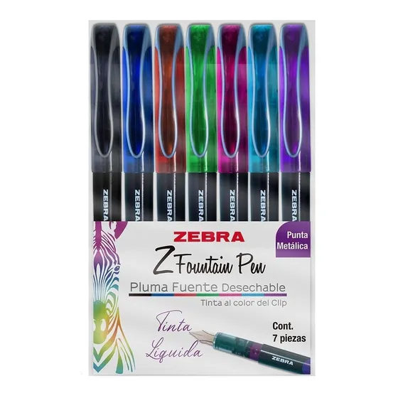 Pluma Fuente De Colores Zebra Desechable Punta Metálica 7 Pz