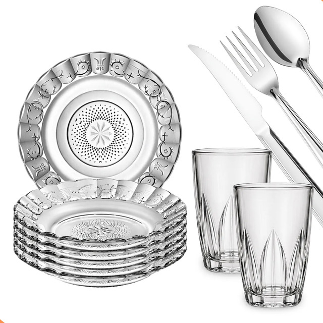 Jogo de jantar 30 pecas com pratos e copos de inox