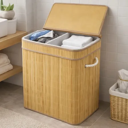 Cesto Roupa Suja Grande Duplo Bambu Dobrável Com Tampa 100L