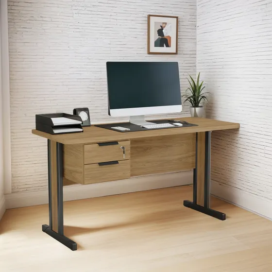 Mesa Com Gaveteiro Escritório Home Office 1,5m 2 Gavetas