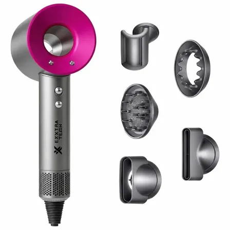 Secador de Pelo Profesional Exxtra Tech con 5 Boquillas Magnéticas 2000W Iónico Color Fucsia