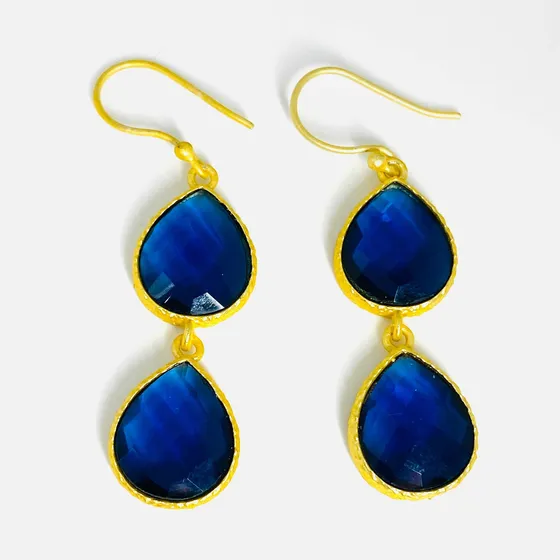 Aros Lágrimas Topacio Azul Suizo Bañado En Oro 24k.