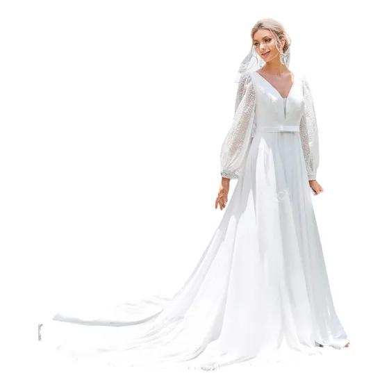 Vestido De Novia De Malla En Contraste Escote V De Manga
