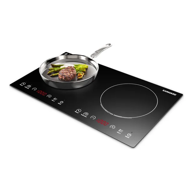 SANGKEE Parrilla Estufa Eléctrica De Inducción 2 Quemadores, Diseño Integrado Sensor Táctil, Empotrable, Potencia Y Temperatura Múltiples, Temporizador De 3 Horas, Bloqueo De Seguridad Para Niños