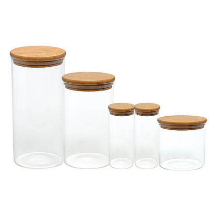 Jogo 5 Potes Hermético Redondo Vidro Tampa Bambu Mimo Style Cor Transparente Jogo 5 Potes Hermético Redondo Vidro Tampa Bambu Mimo Style Cor Transparente